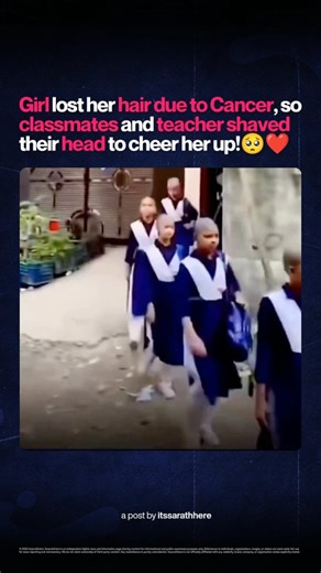 Sarath Kumar on Instagram: "🥺🥺❤️❤️ A student was suffering from hair loss due to cancer treatment. So, all classmates and teachers shaved their head to cheer her up…🥹 There is no sadness on anyone's face. Meanwhile, the cancer-stricken student looks on emotionally ♥️"