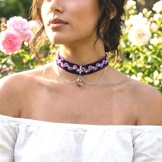 Purple Velvet Choker With Chains, Embroidered Floral Collar Necklace Valentines Day Gifts for Her - Etsy