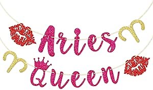 Aries Queen Banner, Zodiac Party Decor, Astrology Birthday Decorations for Women, Constellation Theme Birthday Party Banner, Hot Pink Glitter