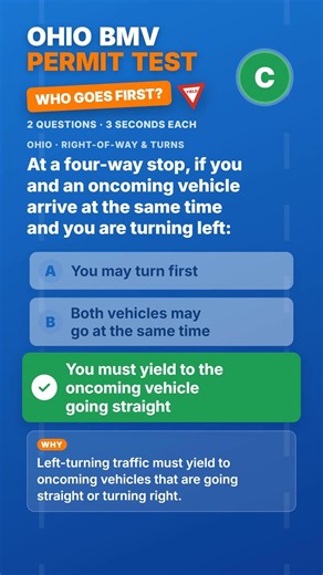 Ohio BMV Permit Test [2026]: Right-of-Way & Turns, Part 2