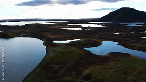 Aerial drone footage of Myvatn and the volcanic craters and lakes in Iceland