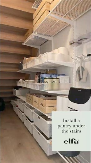 Install a pantry under the stairs with Elfa #pantry #smallspacesolutions #diy