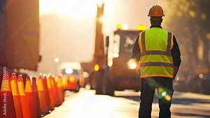 Road construction worker managing traffic at work zone during sunrise. Worker overseeing highway repair with safety cones and heavy machinery. Stock Video