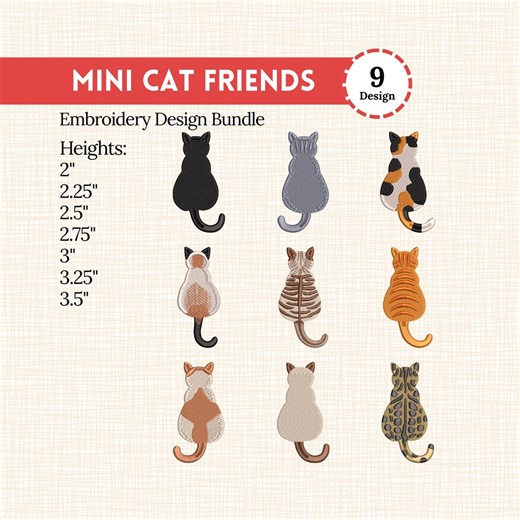 Friends Cat Embroidery Design Bundle - 9 Mini Cats Machine Embroidery Files, 7 Sizes Each - Etsy