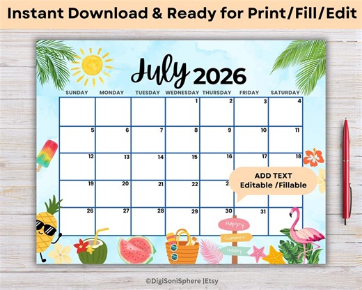 July 2026 Calendar Printable | Editable Fillable Calendar | Summer Time Planner for Kids , Home, Work ,office | US Letter | Digital Download - Etsy