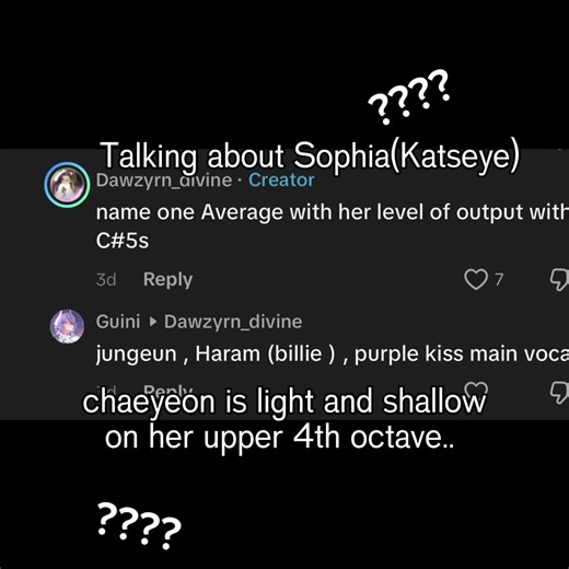 lets hear similar notes (in the first clip) from chaeyeon and other high w-a girls.. and similar notes (in the second clip) from any average girl.. cuz ik they dont do it like yujin and sophia Yujin: Low Average A3-Bb4/B4 Sophia: Low A-AA A3-B4/C5 (atp shes a solid C5🙂‍↕️) #ive #vocalshowcase #sophia #yujin #katseye