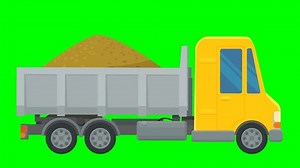 Side view animation loop of a dump truck running in flat design style on green screen with alpha channel