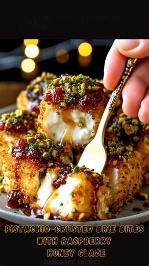 Pistachio-Crusted Brie Bites with Raspberry Honey Glaze 🧀💚🍯 Protein 5g | 🍽️ Crispy, creamy, sweet, and tangy—these elegant brie bites are the perfect party appetizer! Each piece is filled with molten brie, coated in a golden crust, topped with vibrant raspberry honey glaze, and finished with crunchy pistachios. 📝 Ingredients: ✦ 1 wheel of brie, cut into bite-sized cubes 🧀 ✦ 1 cup panko breadcrumbs ✦ 1/2 cup crushed pistachios 💚 ✦ 2 eggs, beaten 🥚 ✦ 1/2 cup flour ✦ 1/2 tsp salt ✦ 1/2 tsp 