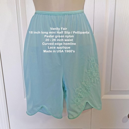 Vanity Fair 18 Inch Long Mini Half Slip / Pettipants, Pastel Green Nylon, 20 - 26 Inch Waist, Curved Edge, Lace Applique, Made in USA 1960's - Etsy