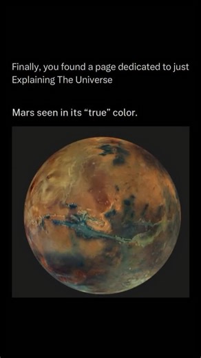Explaining The Universe on Instagram: "Mars is the fourth planet from the Sun and is often called the Red Planet because its surface is rich in iron oxide (rust), giving it a reddish color. It has a thin atmosphere made mostly of carbon dioxide, with surface temperatures that are generally cold, averaging about −60 °C. Mars features some of the most extreme geography in the solar system, including Olympus Mons, the largest volcano, and Valles Marineris, a canyon system far larger than the Grand 