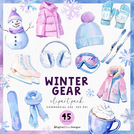 Pink Winter Gear Clipart, Watercolor Sking Elements, Snowboarding Clothes, Snow Boots Pngs, Snow Outfits, Winter Clothes, Commercial Use - Etsy