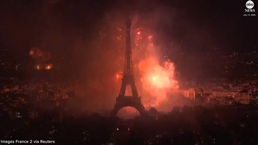 Eiffel Tower lit up in Bastille Day firework, drone show
