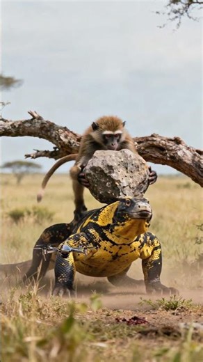 Monkey Saves Baby from Lizard Attack with a Rock!👍👍👍#animals #wildlife #monkey