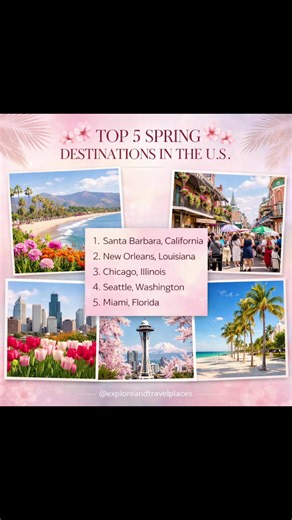 🌸 TOP 5 SPRING DESTINATIONS IN THE U.S. 🌸 Ready to plan your perfect spring getaway? These U.S. cities come alive with sunshine, festivals, blooming flowers, and unforgettable vibes. ✨ 1. Santa Barbara, California – Coastal charm, Spanish-style architecture, wine tasting, and golden beaches. Spring = perfect weather without summer crowds. 🎺 2. New Orleans, Louisiana – Festival season, live jazz, Creole cuisine, and iconic French Quarter energy. Spring is NOLA at its BEST. 🌆 3. Chicago, Illin