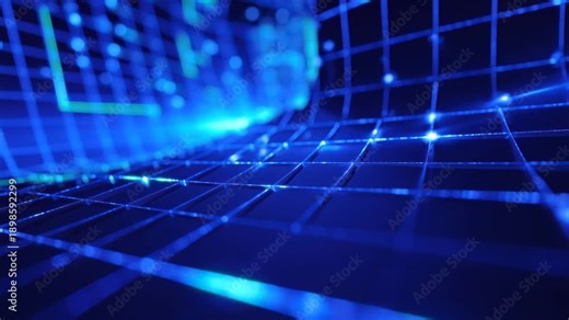 Blue and cyan light beams streak over a dark grid with glowing dots and flowing energy an immersive futuristic data transfer visualization with camera moving forward