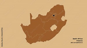 KwaZulu-Natal, province of South Africa, with its capital, localized, outlined and zoomed with informative overlays on a solid patterned map in the Stereographic projection. Animation 3D