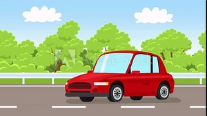 Cartoon red auto car flat animation driving along the road highway side view