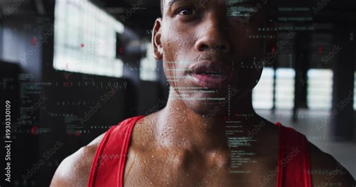Athlete breathing and focusing while camera rising revealing face animated code mapping fitness
