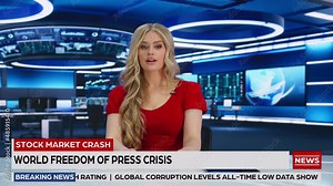 TV Live News Program with Caucasian Female Presenter Reporting. Television Cable Channel Anchorwoman Talks. Mock-up Network Broadcasting Playback in Newsroom Studio. Static Medium Wide Shot