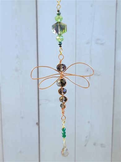 Copper Dragonfly Wire Wrapped Beaded Suncatcher Handmade Window Decor Gray, Black, Green