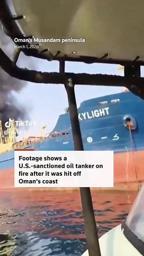 A Palau-flagged oil tanker under U.S. sanctions was hit off Oman's coast, injuring four people, the country's maritime security center said, without specifying what hit the vessel. The incidents mark the first time targets in or near Oman have been hit following a wave of retaliatory strikes by Tehran on Gulf states after joint U.S.-Israeli attacks on Iran that have plunged the region into a new war. Reuters confirmed the identity of the vessel as Skylight by its deck shape, paint, and signage, 