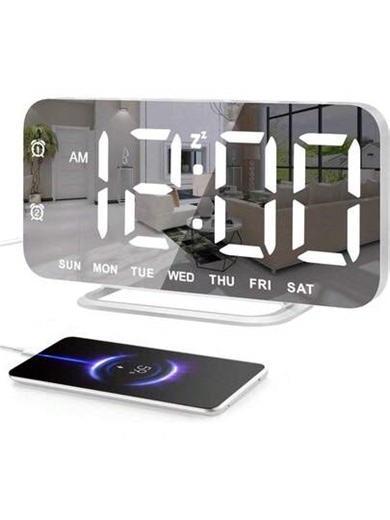 Slim LED Digital Alarm Clock, Mirror Surface For Makeup, With Diming, Large Display, Easy Setting, USB Ports, Modern Decor For Bedroom, Desk, Christmas, Birthday Gift For Women, Daughter, Girl, White | SHEIN