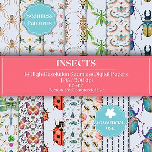 Insects Digital Papers, Seamless Bug Patterns, Botanical Insect Printable Paper for Fabric, Wallpaper, Apparel, Crafts, Class Decor & POD - Etsy