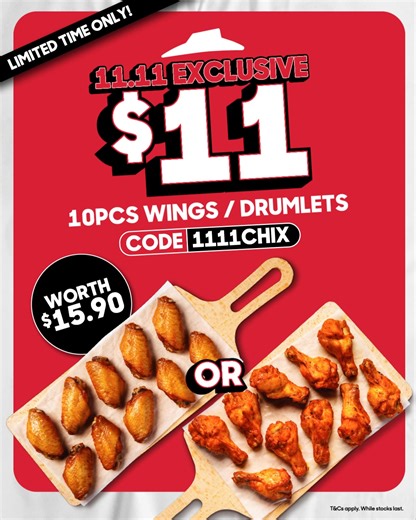 $1️⃣️1️⃣ for 10pcs Honey Roasted Wings or Sweet 'N' Spicy Drumlets when you use the code: 1111CHIX ⁉️ ​ Act fast, this offer won’t last long! 🍗​ Available for self-collection and delivery till 23 November, don't miss out on this 🤤​ *T&Cs apply. Promo is valid with $15 minimum spend. | Pizza Hut