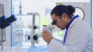 Science man, microscope and research laboratory for analysis, clinical pharma trial or work to stop virus. Male scientist expert, data analytics or test lens in medical lab for studying bacteria