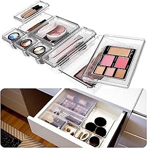 14 Pcs Clear Acrylic Drawer Organizer Set, Upgrade Lid Design, 5 Size Bathroom Vanity Organizer Tray, Acrylic Makeup Drawer Organizer, Storage Containers for Kitchen Junk Utensils Office