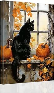 SWQYLB Black Cat Wall Art Pumpkin Canvas Pictures Animal Painting Prints Autumn Halloween Artwork Fall Home Decor Framed (12.00" x 18.00")