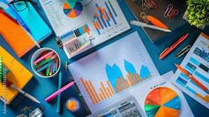 Colorful office desk with financial charts, graphs, and stationery arranged neatly. Vibrant workspace ideal for data analysis and creative business planning. Perfect for concepts of productivity and o