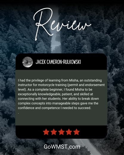 WMST on Instagram: "🌟🙌 Another happy rider! Reviews like this fuel our passion. Share yours here 👉 https://f.mtr.cool/csmmrvigvv #motorcycletraining #dolapproved #gowmst #wmst #motorcyclepermit #motorcycleendorsement #learntoride"