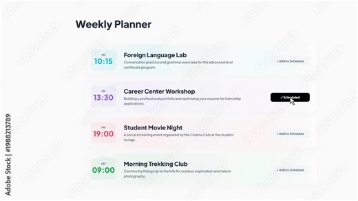 Academic student planner app interface displaying career workshop and foreign language lab scheduled activities