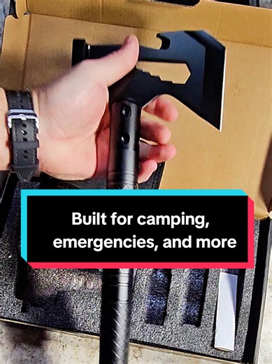 Multi-function survival axe kit for camping, outdoor adventures, off-road use, and emergency preparedness. Features an axe blade, hammer head, rope cutter, hex wrench, fire starter, whistle, compass, and protective storage sheath. Compact, durable, and easy to carry. #TikTokShop #SurvivalGear #CampingTools #OutdoorEssentials #EmergencyPrep