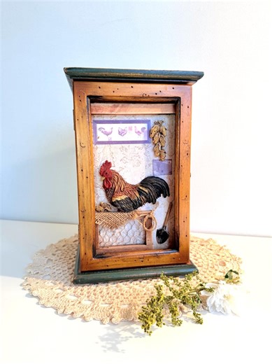 Vintage Rooster Wood Curio Cabinet | Country Kitchen Spice Box Case | Retro Farmhouse Organizer Display | Small Rustic Desktop Storage Bin - Etsy
