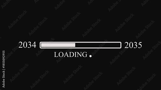 Loading bar from year 2034 to 2035 with text LOADING and dots progress bar