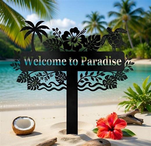 Tropical Metal Garden Sign Personalized, Welcome to Paradise Sign, Beach House Decor Outdoor Yard Art