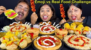 Emoji vs Real Food Challenge - Pizza, Panipuri, Burger, Noodles, Chicken Satay Eating Challenge | Indian Eating Show