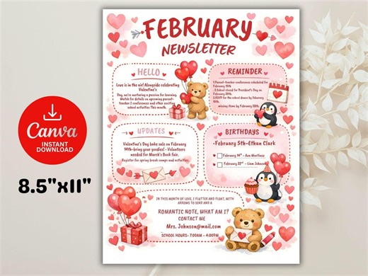 February Valentines Classroom Newsletter, Canva Template (digital Download) - Etsy