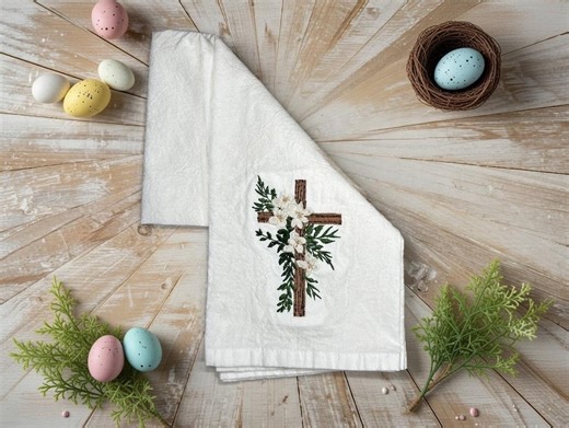 Embroidered Easter Cross Tea Towel | Floral Christian Decor - Etsy