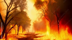 Wildfire is burning through a forest, with flames engulfing the trees and smoke filling the air. The fire is intense and destructive