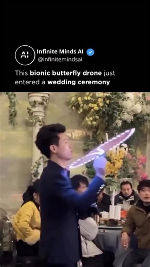Artificial Intelligence (AI) • Tech • Business on Instagram: "Bionic butterfly drones are taking weddings to a whole new level. In China, ultralight bionic butterfly drones are being used in ceremonies to carry rings down the aisle, gliding through venues with wing-flapping motion that looks almost organic. This isn’t just a visual trick. These drones are designed to fly like living creatures, which is why the movement feels smooth, quiet, and strangely natural. It’s a small moment, but a tellin