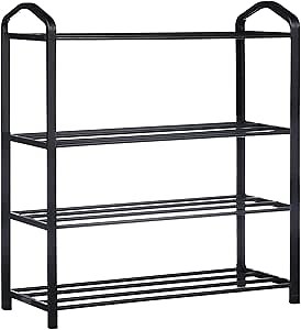 YSSOA 4-Tier Stackable Shoe Rack, 12-Pairs Sturdy Shoe Shelf Storage, Black Shoe Tower for Bedroom, Entryway, Hallway and Closet, 1 Pack