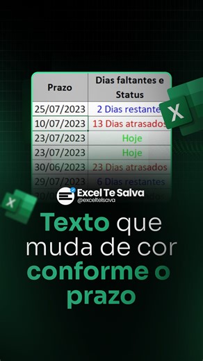 📅 Já pensou em colocar uma data no Excel e automaticamente ver: ✔️ quantos dias faltam até ela chegar ✔️ e ainda mudar a cor do texto de acordo com a proximidade do prazo? Esse recurso é perfeito pra quem trabalha com projetos, metas, vencimentos ou prazos importantes. Com ele, sua planilha fica muito mais visual, organizada e profissional. 👉 Na Excel Te Salva, a gente te mostra como usar funções formatação condicional pra transformar suas planilhas em ferramentas inteligentes que realmente ac