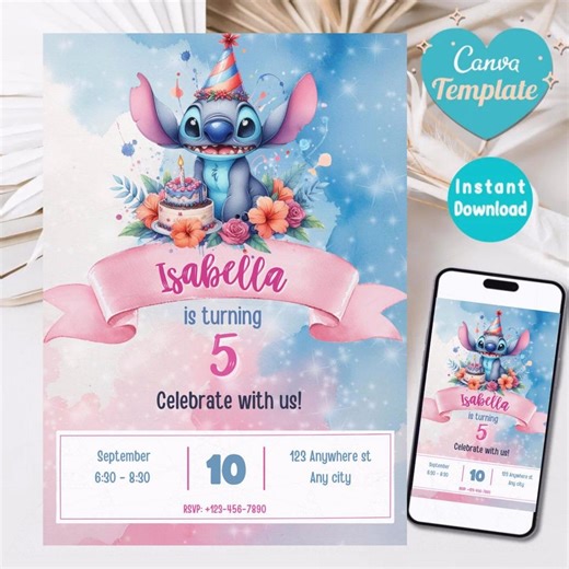 Editable Stitch Birthday Invitation, Editable & Printable Template, Cute Stitch Party Invite, Canva Template, Instant Download, Canva Invite - Etsy
