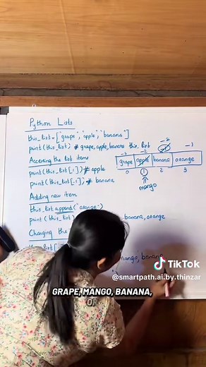 List explaination in Python 🔹Python Foundation Zoom Class🔹 Programming နဲ့ ပတ်သက်ပြီး လေ့လာချင်ပေမယ့် ဘယ် language ကို ရွေးချယ်ရမလဲမသိ ဖြစ်နေတယ်ဆိုရင် Python နဲ့ စတင်ဖို့ အကြံပြုလိုက်ပါတယ်။ Python က IT နည်းပညာတွေကို လေ့လာဖို့ အခြေခံအုတ်မြစ်တစ်ခု ဖြစ်တာကြောင့် Python ကို စနစ်တကျ လေ့လာထားမယ်ဆိုရင် Machine Learning, Deep Learning, Data Analysis and Visualization, Computer Vision စတဲ့ ဘာသာရပ်တွေကို လွယ်ကူစွာ ‌ဆက်လက်လေ့လာနိုင်သွားမှာပါ။ Python Foundation Zoom Class မှာ Theory ပိုင်းကို သင်ကြားပေးရု