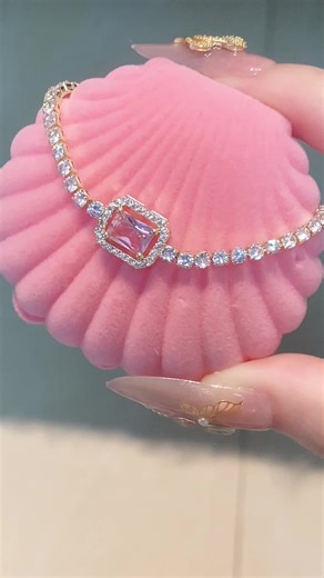 The square diamond bracelet in shell box #jewelry #fyp #bracelet #diamond #pinkjewelry