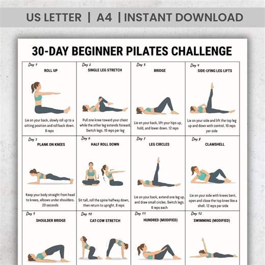 30 Day Pilates Challenge for Beginners | Printable Workout Plan | Daily Pilates Exercises Chart | Home Fitness Routine PDF Download - Etsy