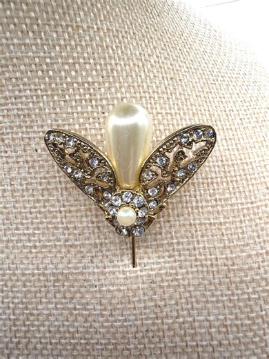 1928 Gold Tone Victorian Stick Pin, Pearl Rhinestone Filigree Lapel Hat Pin - Etsy